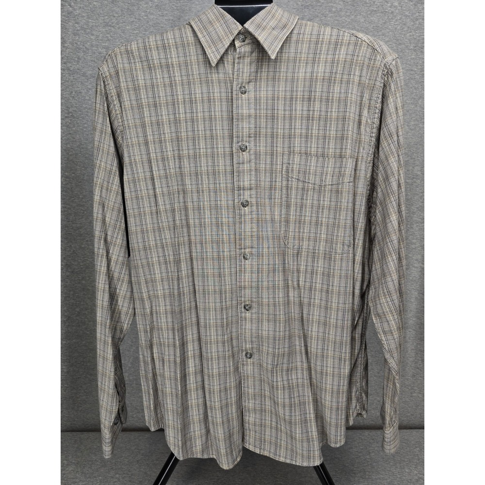 Vintage John Henry Men's Dress Shirt XL Grey Brown Plaid Check Long Sleeve 90s